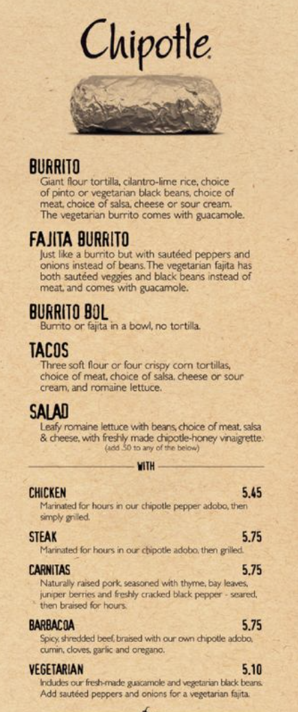 document - Chipotle Burrito Giant four tortis, cilantrolime rice, choice of pinto or vegrarian black beans, choice of mest choice of salsa, cheese or sour cream The vegetarian burrito comes with guacamole Fajita Burrito Just a burrito but with sauted pepp